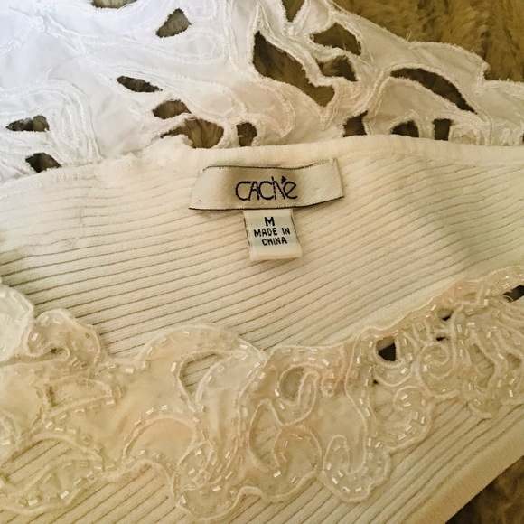 Cache Tops Bright White Flattering Top With Intricate Beading Front